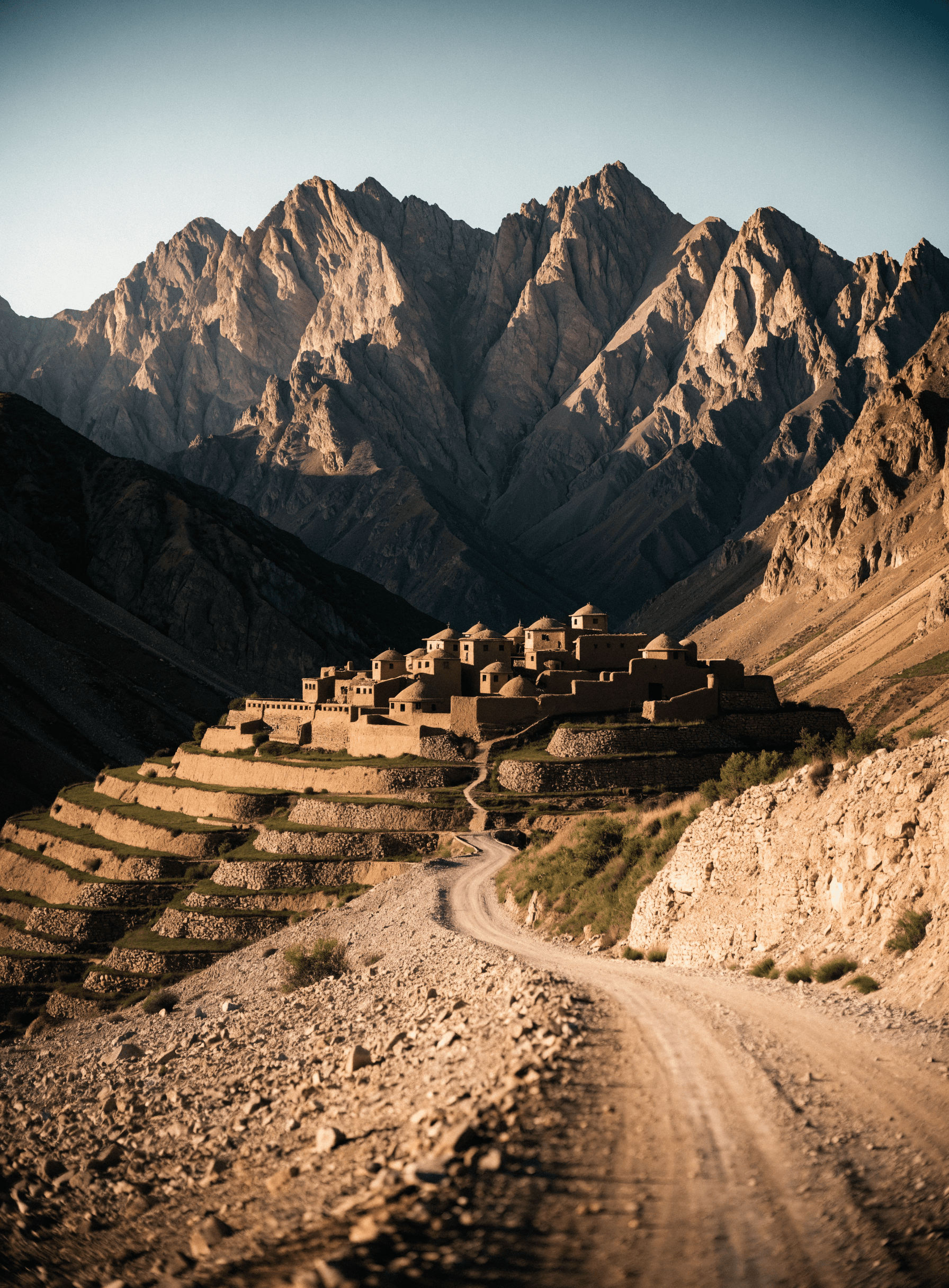 A remote village terraced into a valley beneath dramatic Hindu Kush peaks
