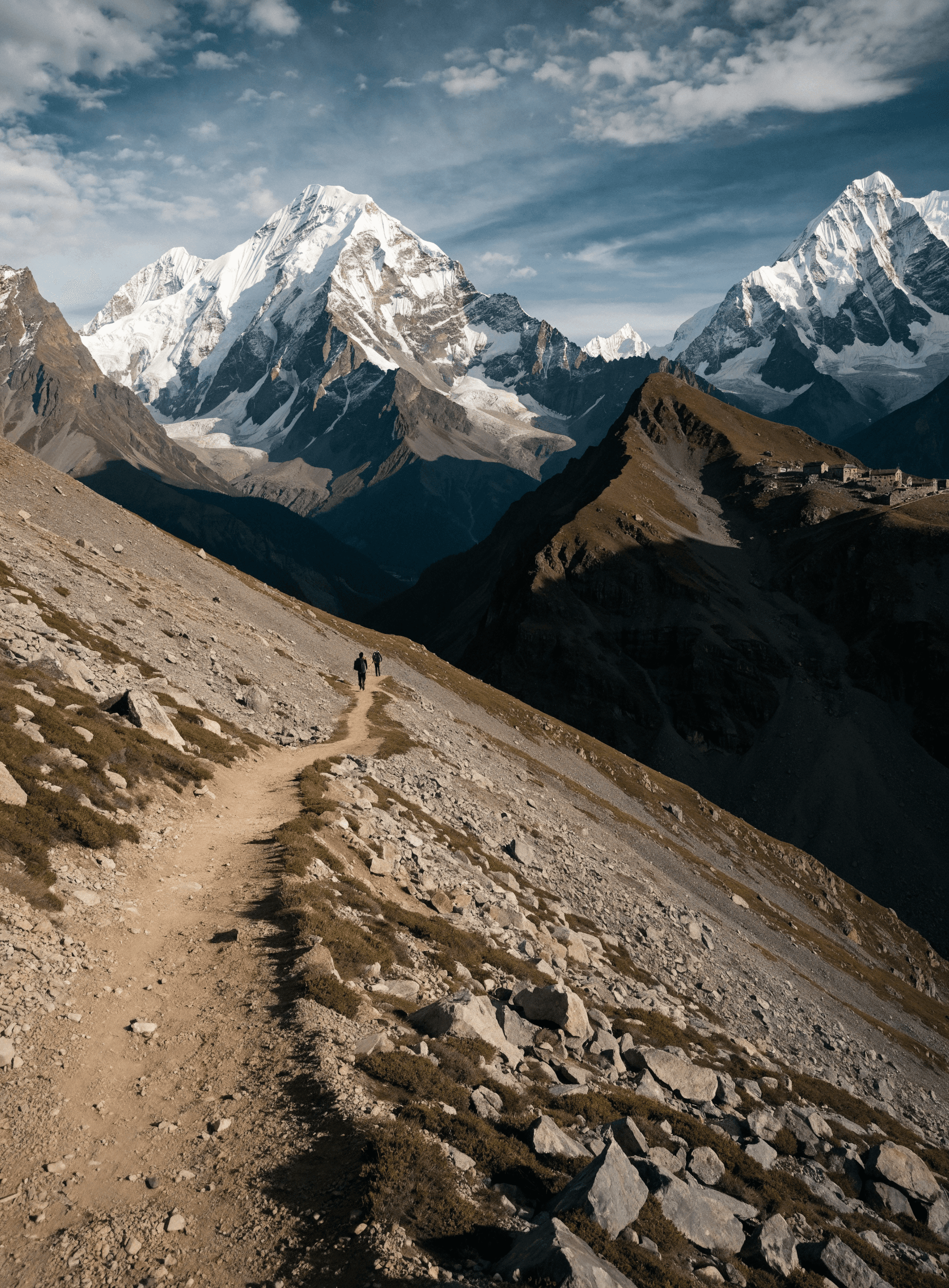 Trekkers on a remote Himalayan trail dwarfed by enormous mountains