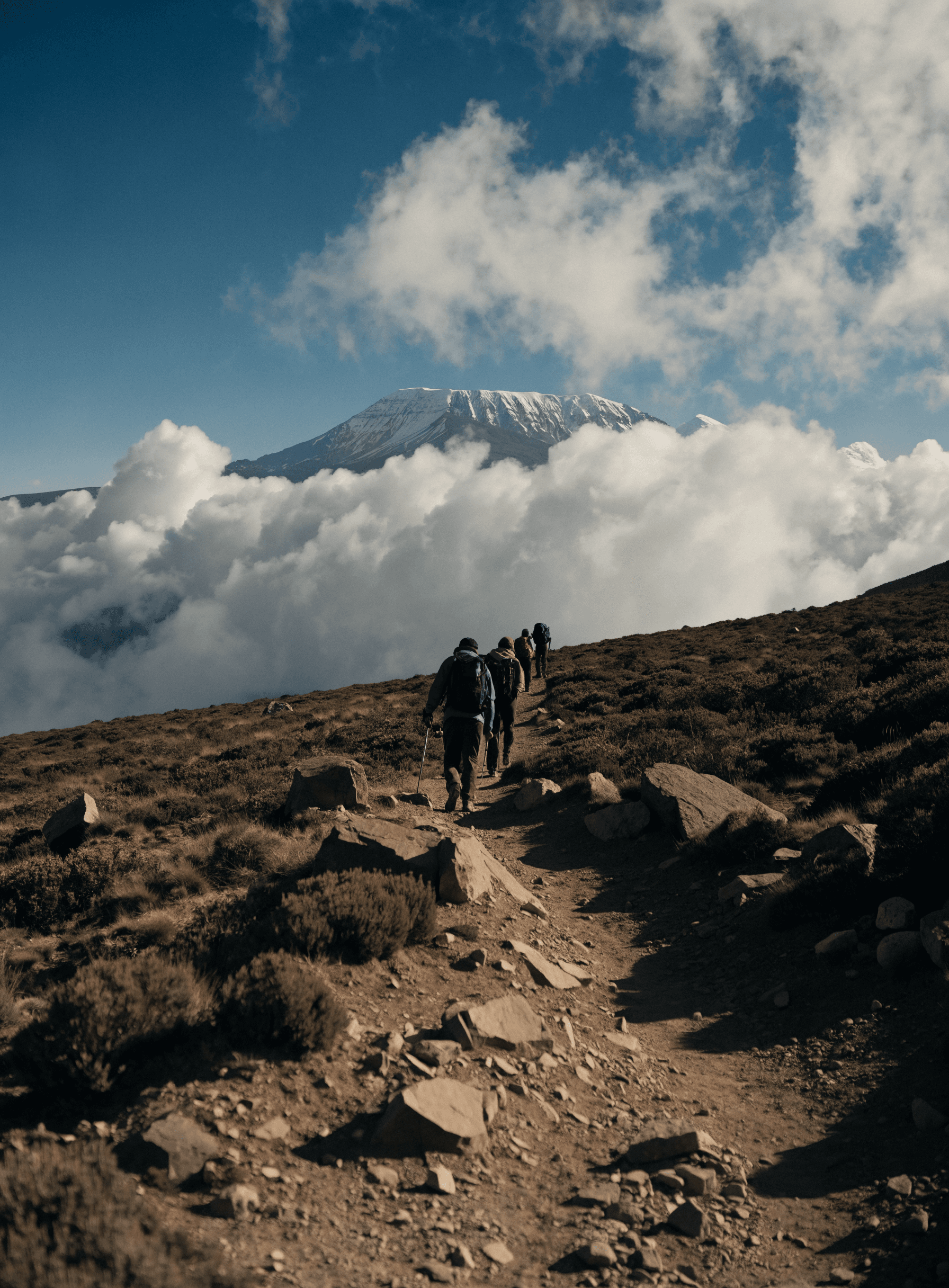 Hikers on a trail toward Kilimanjaro's snow-capped summit, rising above the clouds
