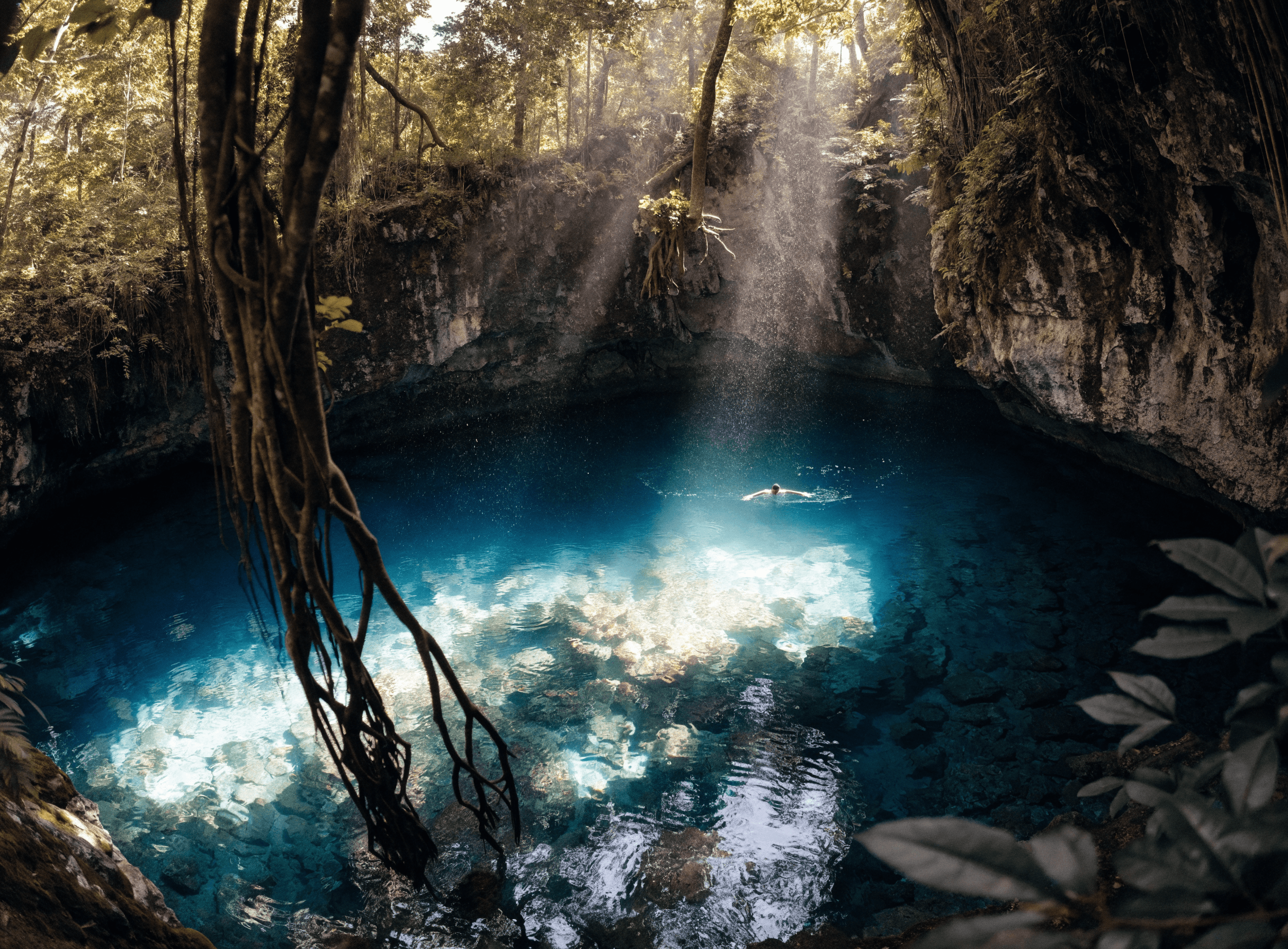 A turquoise cenote sinkhole surrounded by dense jungle in Mexico, sunlight filtering through the trees
